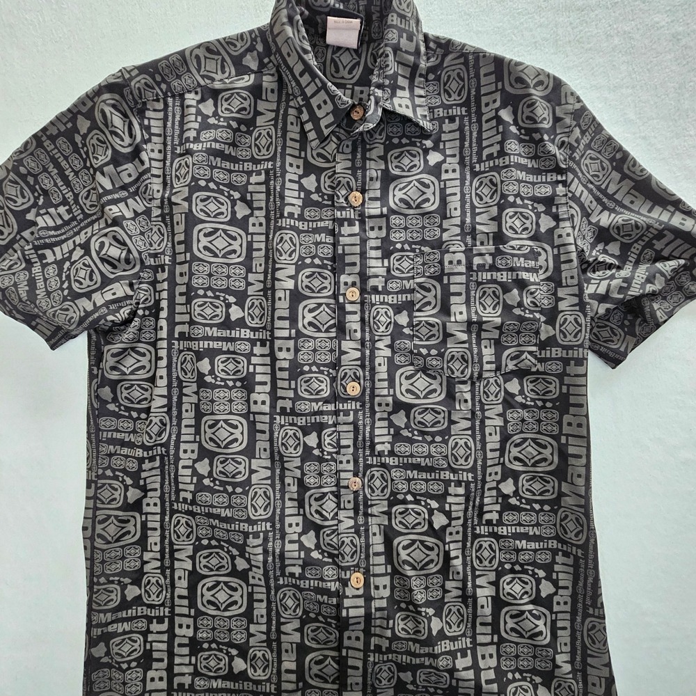 Maui Built Mens Medium Black Grey Logo Print Microfiber Button Down Shirt Hawaii - Picture 4 of 10
